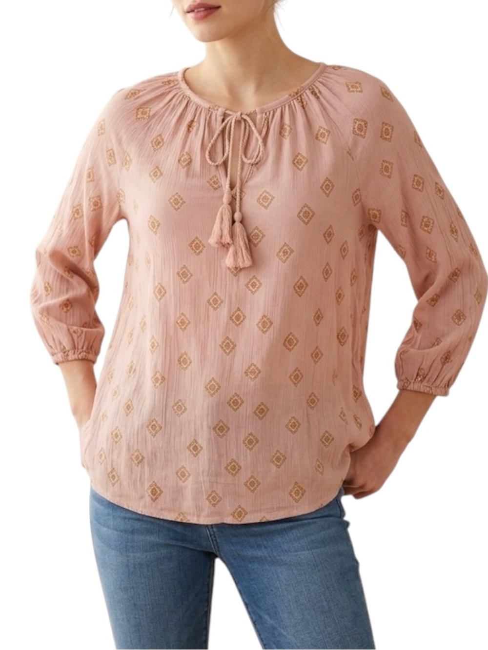Buckle Boho Pink Diamond Blouse Top Shirt XS S Tassel Relaxed Fit Oversized